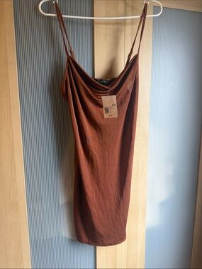 Rust Brown Slip Mini Dress with Cowl Neck
